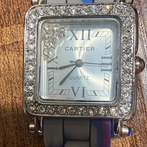 Cartier Silver Crystal-Trim Square Watch with Multicolor Strap